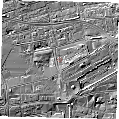 Shaded relief map of the ground around HU13EN, computed from Environment Agency LiDAR. The ground here sits at about 4 m above sea level and falls 5 m across the surrounding 800 m. Surface water reaching this point runs off ground lying to the east-south-east, 2.6 m higher.