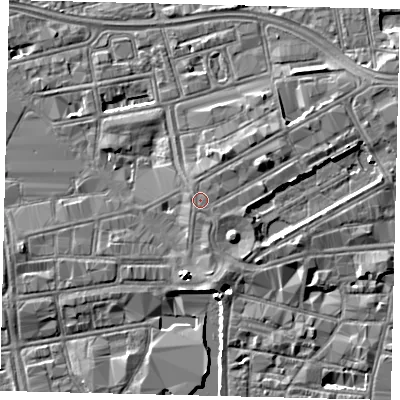 Shaded relief map of the ground around HU13ES, computed from Environment Agency LiDAR. The ground here sits at about 5 m above sea level and falls 5 m across the surrounding 800 m. Surface water reaching this point runs off ground lying to the east-north-east, 1.4 m higher.