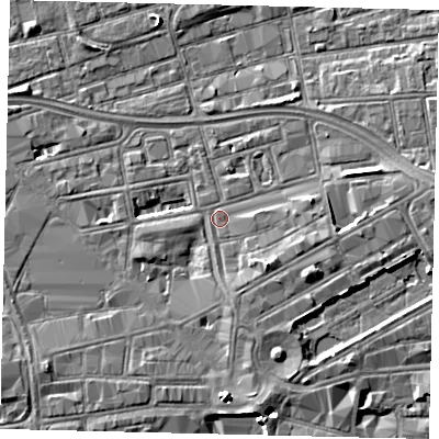 Shaded relief map of the ground around HU13EY, computed from Environment Agency LiDAR. The ground here sits at about 3 m above sea level and falls 5 m across the surrounding 800 m. Surface water reaching this point runs off ground lying to the south-east, 2.9 m higher.