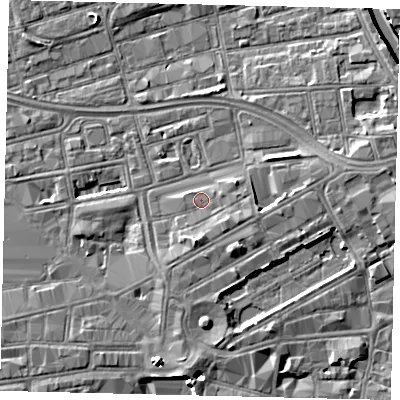 Shaded relief map of the ground around HU13HA, computed from Environment Agency LiDAR. The ground here sits at about 4 m above sea level and falls 8 m across the surrounding 800 m. Surface water reaching this point runs off ground lying to the south-east, 0.5 m higher.