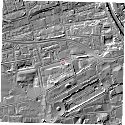 Shaded relief map of the ground around HU13HB, computed from Environment Agency LiDAR. The ground here sits at about 3 m above sea level and falls 8 m across the surrounding 800 m. Surface water reaching this point runs off ground lying to the south-south-east, 2.3 m higher.