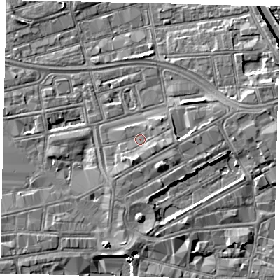 Shaded relief map of the ground around HU13HD, computed from Environment Agency LiDAR. The ground here sits at about 4 m above sea level and falls 8 m across the surrounding 800 m. Surface water reaching this point runs off ground lying to the east-south-east, 1.2 m higher.