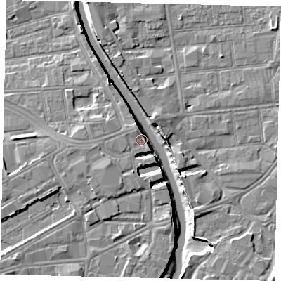 Shaded relief map of the ground around HU13HE, computed from Environment Agency LiDAR. The ground here sits at about 5 m above sea level and falls 9 m across the surrounding 800 m. Surface water reaching this point runs off ground lying to the south-west, 1.3 m higher.