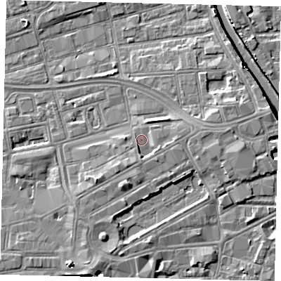 Shaded relief map of the ground around HU13HG, computed from Environment Agency LiDAR. The ground here sits at about 4 m above sea level and falls 8 m across the surrounding 800 m. Surface water reaching this point runs off ground lying to the east, 2.0 m higher.