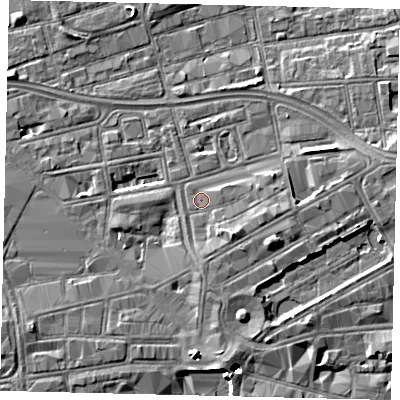Shaded relief map of the ground around HU13HJ, computed from Environment Agency LiDAR. The ground here sits at about 3 m above sea level and falls 5 m across the surrounding 800 m. Surface water reaching this point runs off ground lying to the east-north-east, 1.0 m higher.