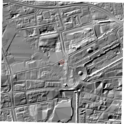 Shaded relief map of the ground around HU13HR, computed from Environment Agency LiDAR. The ground here sits at about 4 m above sea level and falls 5 m across the surrounding 800 m. Surface water reaching this point runs off ground lying to the east-north-east, 2.1 m higher.
