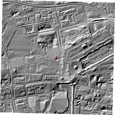 Shaded relief map of the ground around HU13HU, computed from Environment Agency LiDAR. The ground here sits at about 4 m above sea level and falls 5 m across the surrounding 800 m. Surface water reaching this point runs off ground lying to the east-north-east, 2.1 m higher.