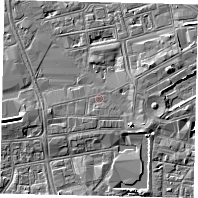 Shaded relief map of the ground around HU13JA, computed from Environment Agency LiDAR. The ground here sits at about 4 m above sea level and falls 5 m across the surrounding 800 m. Surface water reaching this point runs off ground lying to the east-south-east, 0.9 m higher.