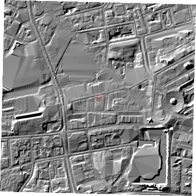 Shaded relief map of the ground around HU13JF, computed from Environment Agency LiDAR. The ground here sits at about 3 m above sea level and falls 5 m across the surrounding 800 m. Surface water reaching this point runs off ground lying to the east-south-east, 1.1 m higher.