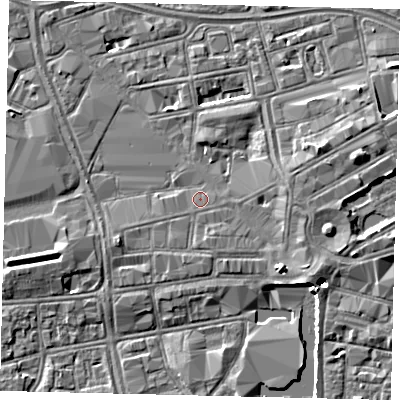 Shaded relief map of the ground around HU13LS, computed from Environment Agency LiDAR. The ground here sits at about 3 m above sea level and falls 5 m across the surrounding 800 m. Surface water reaching this point runs off ground lying to the east-south-east, 0.6 m higher.