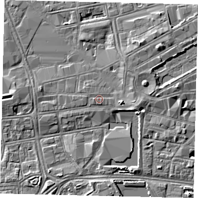 Shaded relief map of the ground around HU13NA, computed from Environment Agency LiDAR. The ground here sits at about 4 m above sea level and falls 5 m across the surrounding 800 m. Surface water reaching this point runs off ground lying to the east, 0.8 m higher.