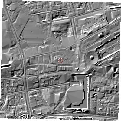 Shaded relief map of the ground around HU13ND, computed from Environment Agency LiDAR. The ground here sits at about 4 m above sea level and falls 5 m across the surrounding 800 m. Surface water reaching this point runs off ground lying to the east-south-east, 0.6 m higher.