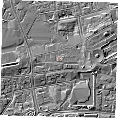 Shaded relief map of the ground around HU13NG, computed from Environment Agency LiDAR. The ground here sits at about 4 m above sea level and falls 5 m across the surrounding 800 m. Surface water reaching this point runs off ground lying to the east, 0.7 m higher.