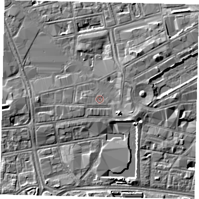 Shaded relief map of the ground around HU13NQ, computed from Environment Agency LiDAR. The ground here sits at about 4 m above sea level and falls 5 m across the surrounding 800 m. Surface water reaching this point runs off ground lying to the east-south-east, 0.6 m higher.
