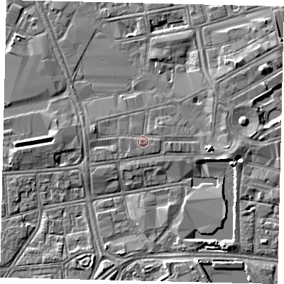 Shaded relief map of the ground around HU13PE, computed from Environment Agency LiDAR. The ground here sits at about 4 m above sea level and falls 5 m across the surrounding 800 m. The ground contributing surface water to this point lies to the north-east.