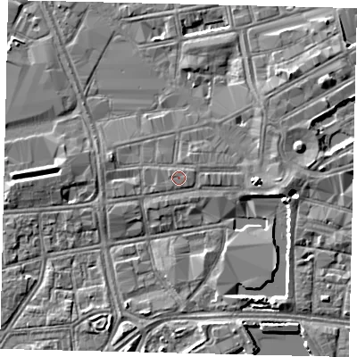 Shaded relief map of the ground around HU13PQ, computed from Environment Agency LiDAR. The ground here sits at about 4 m above sea level and falls 5 m across the surrounding 800 m. The ground contributing surface water to this point lies to the east.