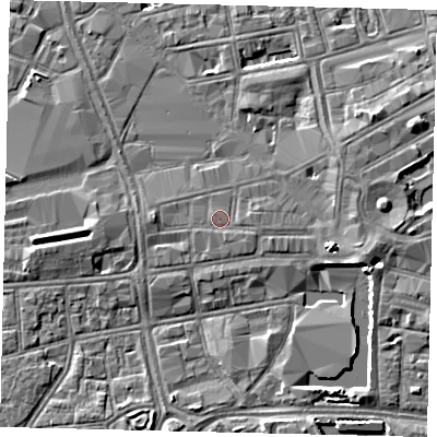 Shaded relief map of the ground around HU13PW, computed from Environment Agency LiDAR. The ground here sits at about 4 m above sea level and falls 5 m across the surrounding 800 m. Surface water reaching this point runs off ground lying to the east, 0.7 m higher.