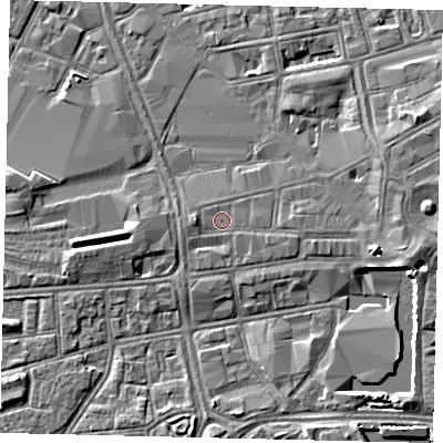 Shaded relief map of the ground around HU13QA, computed from Environment Agency LiDAR. The ground here sits at about 3 m above sea level and falls 5 m across the surrounding 800 m. Surface water reaching this point runs off ground lying to the west, 1.1 m higher.