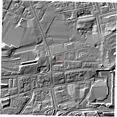 Shaded relief map of the ground around HU13QB, computed from Environment Agency LiDAR. The ground here sits at about 3 m above sea level and falls 5 m across the surrounding 800 m. Surface water reaching this point runs off ground lying to the west, 1.1 m higher.