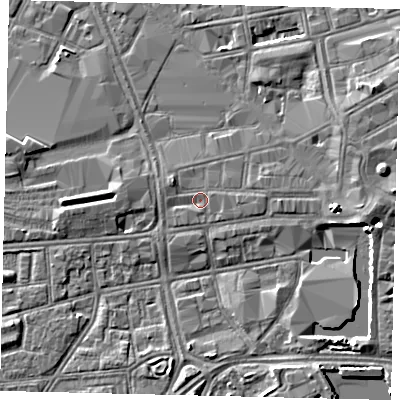 Shaded relief map of the ground around HU13QD, computed from Environment Agency LiDAR. The ground here sits at about 3 m above sea level and falls 5 m across the surrounding 800 m. Surface water reaching this point runs off ground lying to the east, 0.7 m higher.