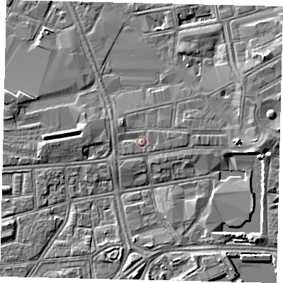 Shaded relief map of the ground around HU13QG, computed from Environment Agency LiDAR. The ground here sits at about 3 m above sea level and falls 5 m across the surrounding 800 m. Surface water reaching this point runs off ground lying to the south, 0.6 m higher.