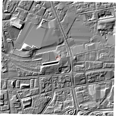 Shaded relief map of the ground around HU13QX, computed from Environment Agency LiDAR. The ground here sits at about 3 m above sea level and falls 4 m across the surrounding 800 m. Surface water reaching this point runs off ground lying to the east-south-east, 1.3 m higher.