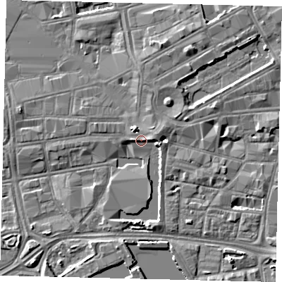Shaded relief map of the ground around HU13RA, computed from Environment Agency LiDAR. The ground here sits at about 5 m above sea level and falls 5 m across the surrounding 800 m. Surface water reaching this point runs off ground lying to the east, 3.6 m higher.