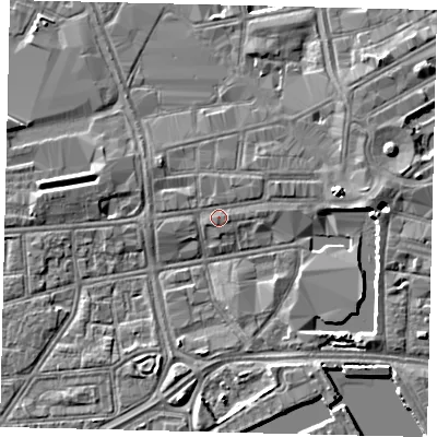 Shaded relief map of the ground around HU13RE, computed from Environment Agency LiDAR. The ground here sits at about 4 m above sea level and falls 5 m across the surrounding 800 m. Surface water reaching this point runs off ground lying to the east-north-east, 3.1 m higher.