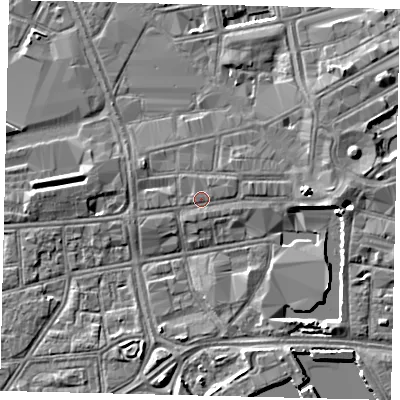 Shaded relief map of the ground around HU13RF, computed from Environment Agency LiDAR. The ground here sits at about 4 m above sea level and falls 5 m across the surrounding 800 m. Surface water reaching this point runs off ground lying to the east, 3.1 m higher.
