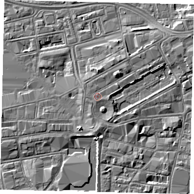 Shaded relief map of the ground around HU13RH, computed from Environment Agency LiDAR. The ground here sits at about 5 m above sea level and falls 5 m across the surrounding 800 m. Surface water reaching this point runs off ground lying to the north-east, 1.4 m higher.