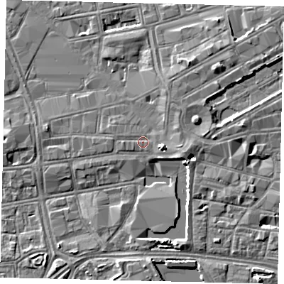 Shaded relief map of the ground around HU13RJ, computed from Environment Agency LiDAR. The ground here sits at about 4 m above sea level and falls 5 m across the surrounding 800 m. Surface water reaching this point runs off ground lying to the east, 0.8 m higher.