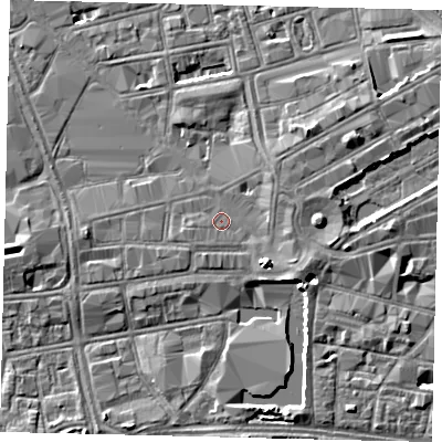 Shaded relief map of the ground around HU13RL, computed from Environment Agency LiDAR. The ground here sits at about 4 m above sea level and falls 5 m across the surrounding 800 m. Surface water reaching this point runs off ground lying to the east-south-east, 0.7 m higher.