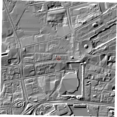 Shaded relief map of the ground around HU13RQ, computed from Environment Agency LiDAR. The ground here sits at about 4 m above sea level and falls 5 m across the surrounding 800 m. Surface water reaching this point runs off ground lying to the east, 3.0 m higher.