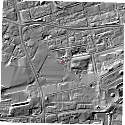 Shaded relief map of the ground around HU13RT, computed from Environment Agency LiDAR. The ground here sits at about 3 m above sea level and falls 5 m across the surrounding 800 m. Surface water reaching this point runs off ground lying to the south-east, 3.2 m higher.