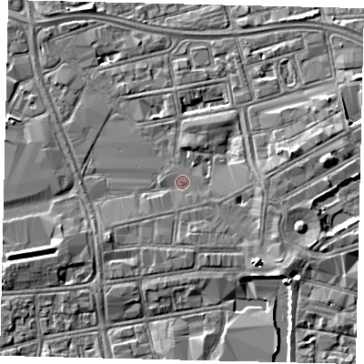 Shaded relief map of the ground around HU13RW, computed from Environment Agency LiDAR. The ground here sits at about 3 m above sea level and falls 5 m across the surrounding 800 m. The ground contributing surface water to this point lies to the south-east.