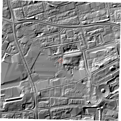 Shaded relief map of the ground around HU13SA, computed from Environment Agency LiDAR. The ground here sits at about 3 m above sea level and falls 5 m across the surrounding 800 m. Surface water reaching this point runs off ground lying to the south-east, 3.2 m higher.