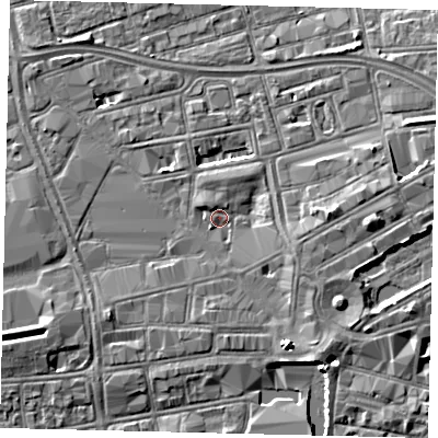 Shaded relief map of the ground around HU13SB, computed from Environment Agency LiDAR. The ground here sits at about 3 m above sea level and falls 5 m across the surrounding 800 m. Surface water reaching this point runs off ground lying to the east, 3.5 m higher.