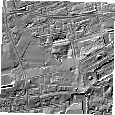Shaded relief map of the ground around HU13SL, computed from Environment Agency LiDAR. The ground here sits at about 3 m above sea level and falls 5 m across the surrounding 800 m. Surface water reaching this point runs off ground lying to the east, 3.5 m higher.