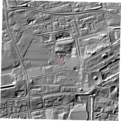 Shaded relief map of the ground around HU13SQ, computed from Environment Agency LiDAR. The ground here sits at about 3 m above sea level and falls 5 m across the surrounding 800 m. Surface water reaching this point runs off ground lying to the east, 3.5 m higher.