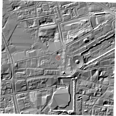 Shaded relief map of the ground around HU13SS, computed from Environment Agency LiDAR. The ground here sits at about 4 m above sea level and falls 5 m across the surrounding 800 m. Surface water reaching this point runs off ground lying to the south-east, 2.5 m higher.