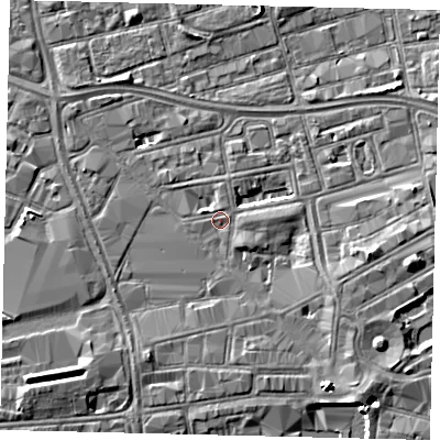 Shaded relief map of the ground around HU13TD, computed from Environment Agency LiDAR. The ground here sits at about 3 m above sea level and falls 5 m across the surrounding 800 m. The ground contributing surface water to this point lies to the east.