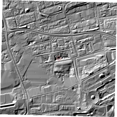 Shaded relief map of the ground around HU13TG, computed from Environment Agency LiDAR. The ground here sits at about 2 m above sea level and falls 5 m across the surrounding 800 m. Surface water reaching this point runs off ground lying to the south-east, 3.1 m higher.