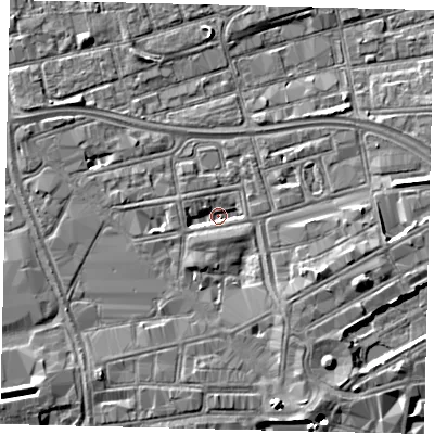 Shaded relief map of the ground around HU13TH, computed from Environment Agency LiDAR. The ground here sits at about 2 m above sea level and falls 5 m across the surrounding 800 m. Surface water reaching this point runs off ground lying to the south-east, 3.1 m higher.