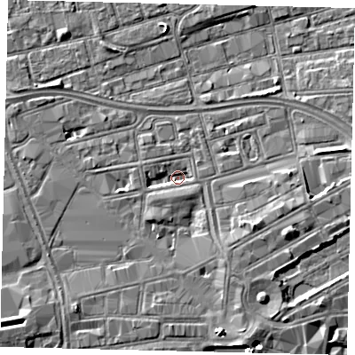 Shaded relief map of the ground around HU13TJ, computed from Environment Agency LiDAR. The ground here sits at about 2 m above sea level and falls 5 m across the surrounding 800 m. Surface water reaching this point runs off ground lying to the south-east, 3.1 m higher.
