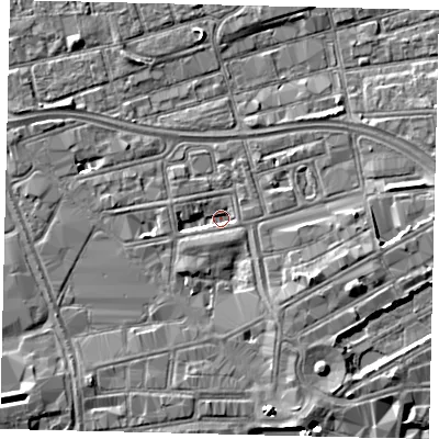 Shaded relief map of the ground around HU13TL, computed from Environment Agency LiDAR. The ground here sits at about 2 m above sea level and falls 5 m across the surrounding 800 m. Surface water reaching this point runs off ground lying to the south-south-east, 3.1 m higher.