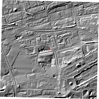 Shaded relief map of the ground around HU13TQ, computed from Environment Agency LiDAR. The ground here sits at about 2 m above sea level and falls 5 m across the surrounding 800 m. Surface water reaching this point runs off ground lying to the south-south-east, 3.1 m higher.