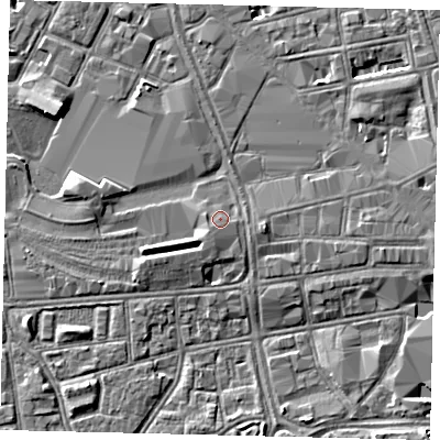Shaded relief map of the ground around HU13UF, computed from Environment Agency LiDAR. The ground here sits at about 4 m above sea level and falls 5 m across the surrounding 800 m. Surface water reaching this point runs off ground lying to the south-south-west, 1.3 m higher.