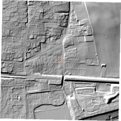 Shaded relief map of the ground around HU143AA, computed from Environment Agency LiDAR. The ground here sits at about 7 m above sea level and falls 26 m across the surrounding 800 m. Surface water reaching this point runs off ground lying to the north-west, 16.2 m higher.
