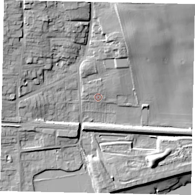 Shaded relief map of the ground around HU143AB, computed from Environment Agency LiDAR. The ground here sits at about 9 m above sea level and falls 25 m across the surrounding 800 m. Surface water reaching this point runs off ground lying to the north-north-east, 1.8 m higher.