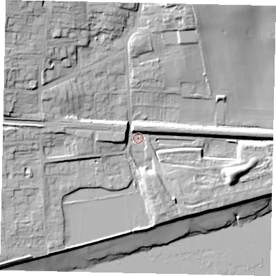 Shaded relief map of the ground around HU143AD, computed from Environment Agency LiDAR. The ground here sits at about 4 m above sea level and falls 23 m across the surrounding 800 m. Surface water reaching this point runs off ground lying to the north-west, 16.8 m higher.